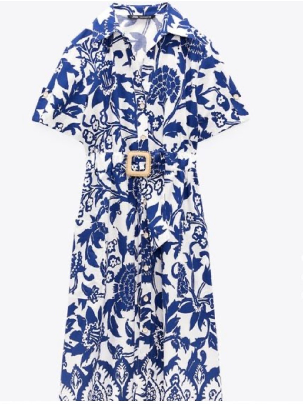 ZARA Cotton Blue/White Floral Printed Belted Modi Shirt Dress Size XLarge. A-2